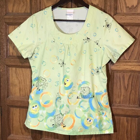 Nickelodeon SpongeBob SquarePants Top Women's M Lime Cotton Poly Scrubs Pockets - Picture 2 of 9